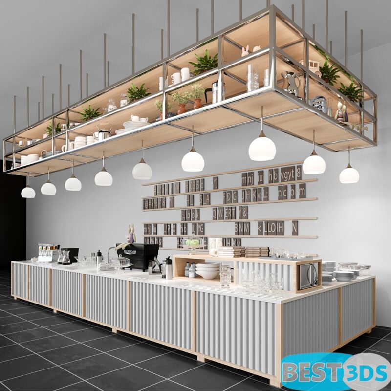 Projet design café loft avec machine à café et vaisselle