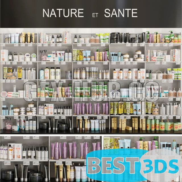 Grande vitrine de pharmacie avec cosmétiques