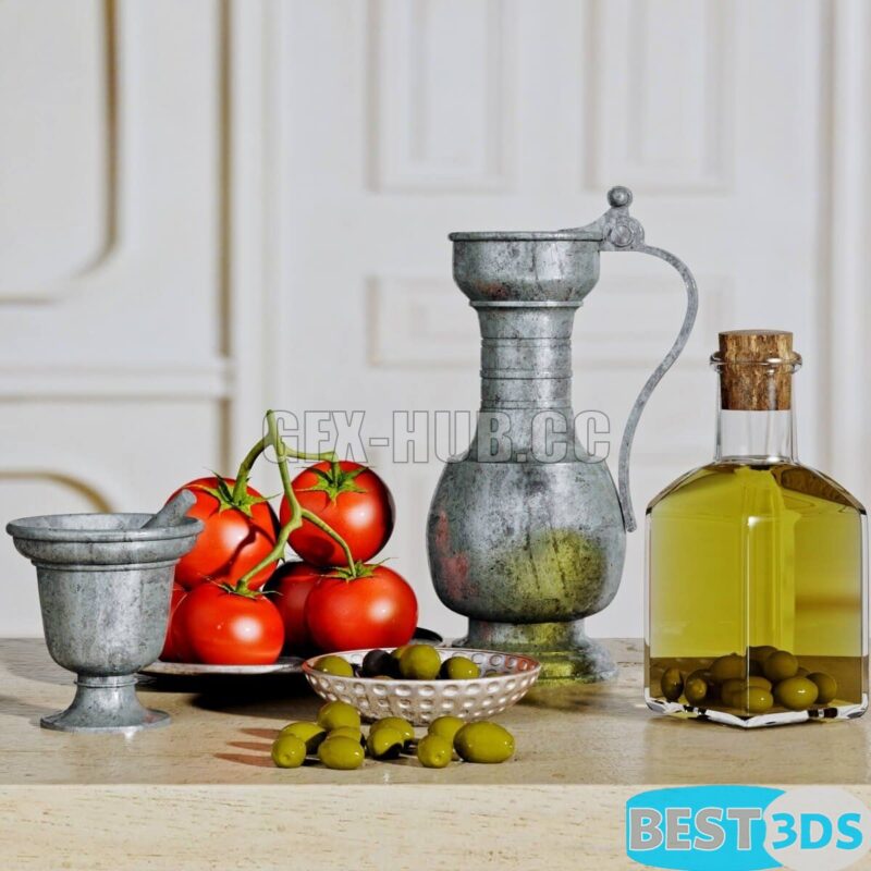 Ensemble décoratif olives et huile