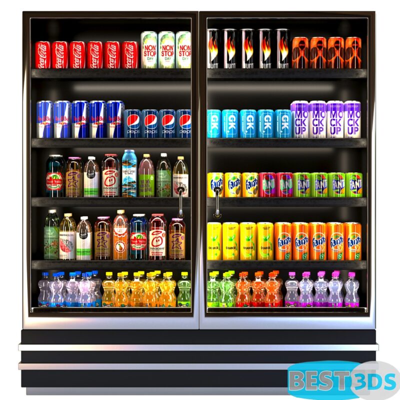 Vitrine de supermarché avec boissons et jus