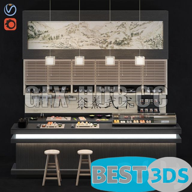 Comptoir de sushi avec tabourets