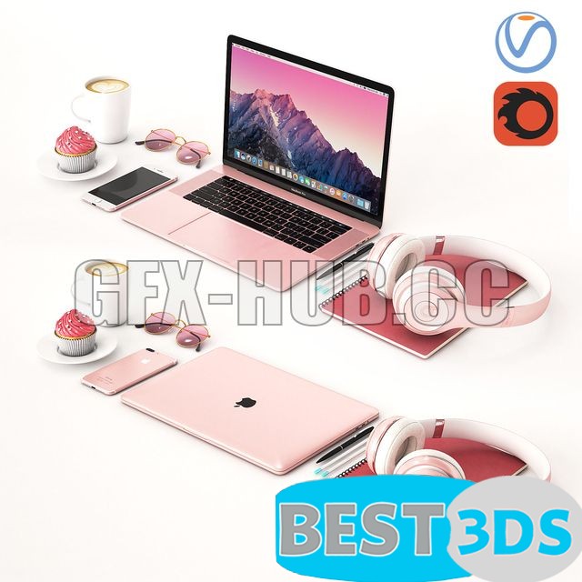 Modèle 3D de Workplace Rose or MacBook