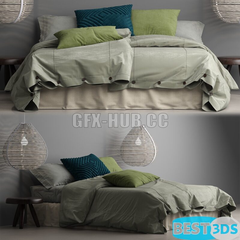 Bed with wicker suspenders - Modèle 3D Optimisé