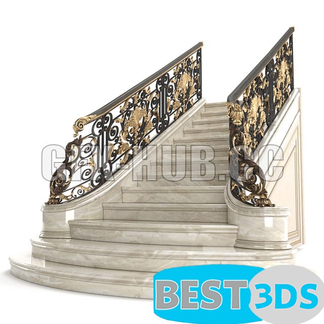 Escalier en marbre beige avec garde‑corps en fer forgé