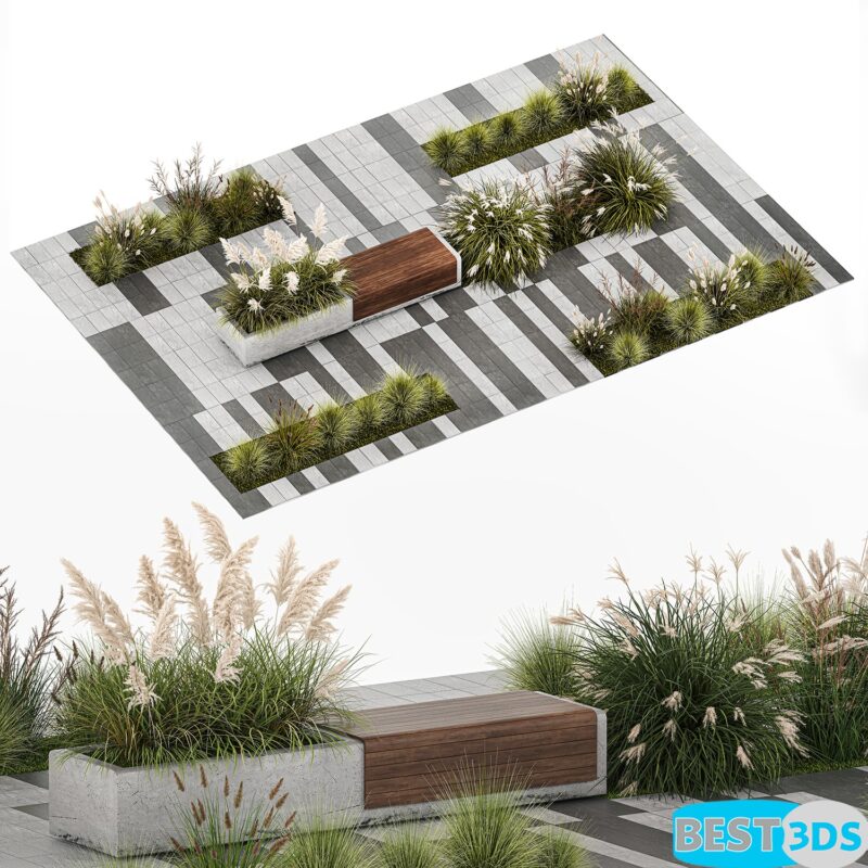 Massif de fleurs avec graminées et banc