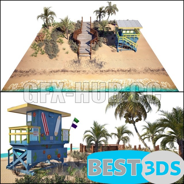 Ensemble Plage + Cabane de Sauveteur Miami (avec plantes)