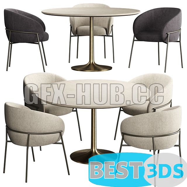 Modèle optimisé - RIMO Chair Brown Marble Dining Table with Brass Base